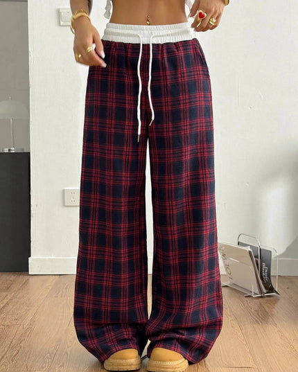 Plaid Wide - Leg Pants with Elastic Waistband - Trendsi
