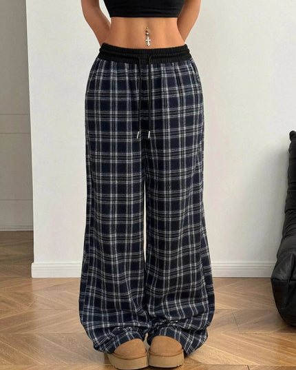 Plaid Wide - Leg Pants with Elastic Waistband - Trendsi