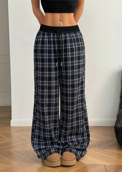 Plaid Wide - Leg Pants with Elastic Waistband - Trendsi