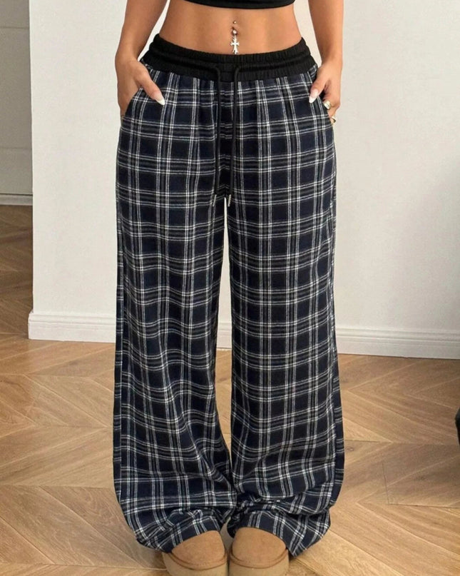 Plaid Wide - Leg Pants with Elastic Waistband - Trendsi
