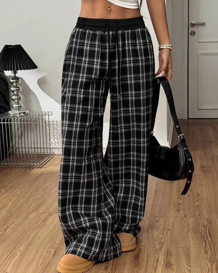 Plaid Wide - Leg Pants with Elastic Waistband - Trendsi