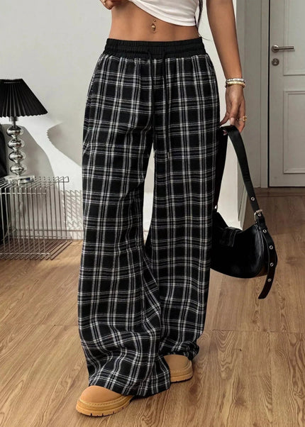Plaid Wide - Leg Pants with Elastic Waistband - Trendsi
