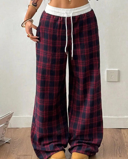 Plaid Wide - Leg Pants with Elastic Waistband - Trendsi
