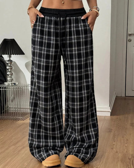 Plaid Wide - Leg Pants with Elastic Waistband - Trendsi