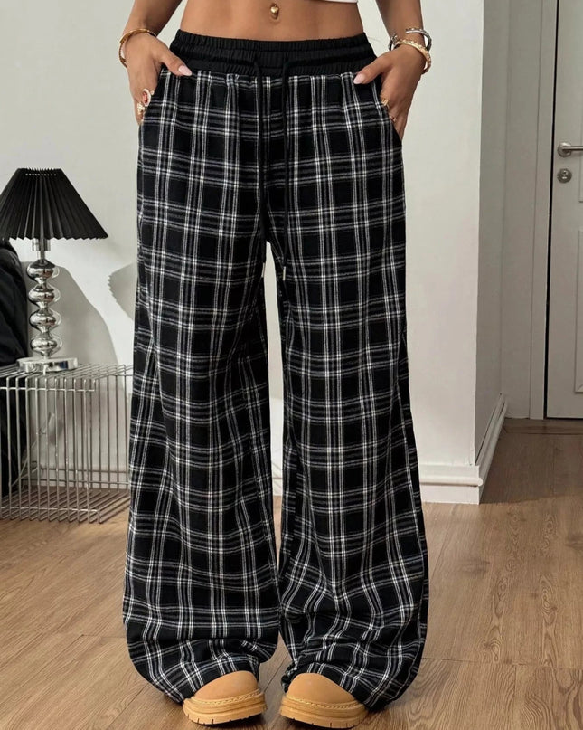 Plaid Wide - Leg Pants with Elastic Waistband - Trendsi