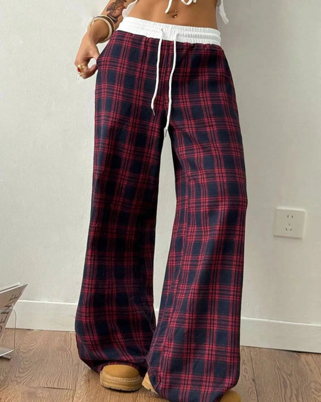 Plaid Wide - Leg Pants with Elastic Waistband - Trendsi