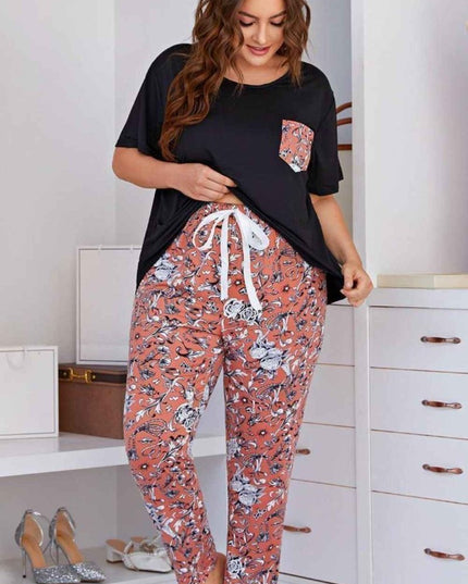 Plus Size Contrast Round Neck Tee and Floral Pants Lounge Set - Trendsi
