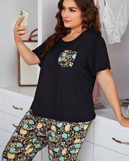 Plus Size Contrast Round Neck Tee and Floral Pants Lounge Set - Trendsi