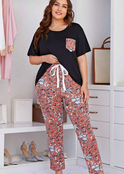 Plus Size Contrast Round Neck Tee and Floral Pants Lounge Set - Trendsi