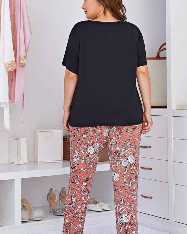 Plus Size Contrast Round Neck Tee and Floral Pants Lounge Set - Trendsi