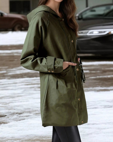 Plus Size Hooded Drawstring Waist Trench Coat - Trendsi