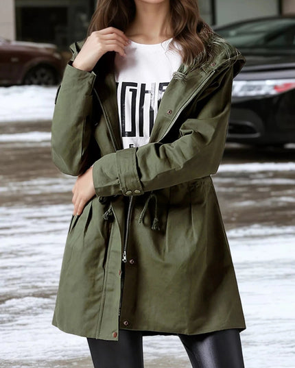 Plus Size Hooded Drawstring Waist Trench Coat - Trendsi