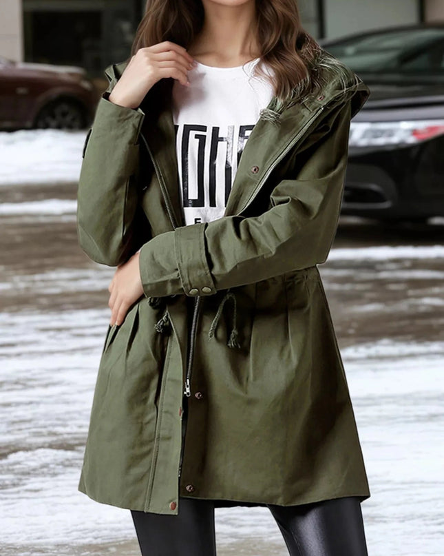 Plus Size Hooded Drawstring Waist Trench Coat - Trendsi