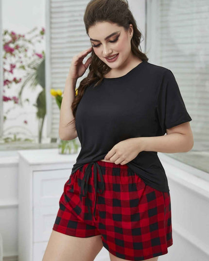 Plus Size Round Neck Tee Shirt and Plaid Shorts Lounge Set - Trendsi