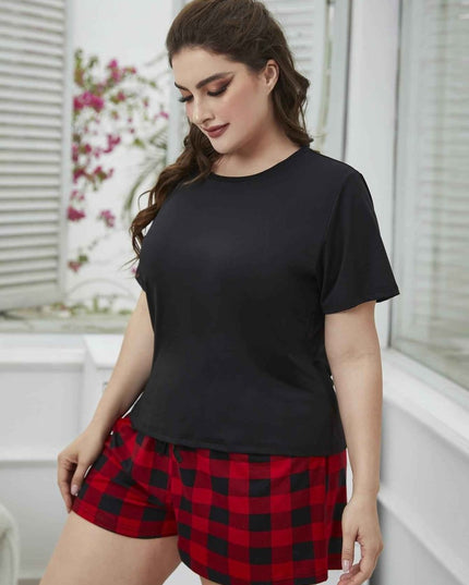 Plus Size Round Neck Tee Shirt and Plaid Shorts Lounge Set - Trendsi