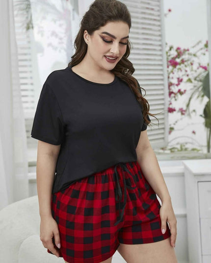 Plus Size Round Neck Tee Shirt and Plaid Shorts Lounge Set - Trendsi