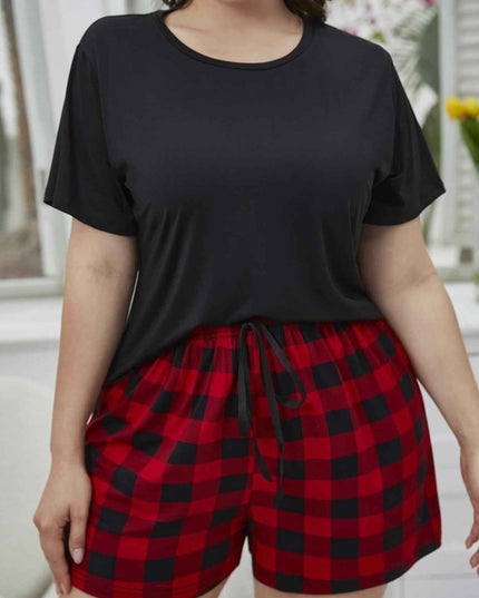 Plus Size Round Neck Tee Shirt and Plaid Shorts Lounge Set - Trendsi