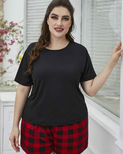 Plus Size Round Neck Tee Shirt and Plaid Shorts Lounge Set - Trendsi
