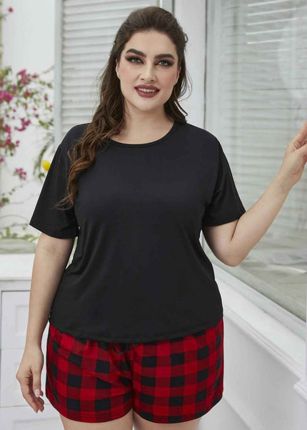 Plus Size Round Neck Tee Shirt and Plaid Shorts Lounge Set - Trendsi