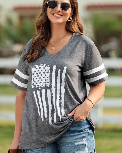 Plus Size US Flag Graphic V - Neck Tee - Trendsi