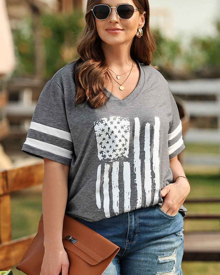 Plus Size US Flag Graphic V - Neck Tee - Trendsi