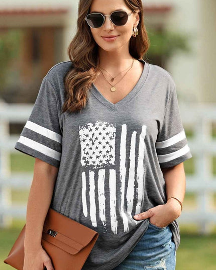 Plus Size US Flag Graphic V - Neck Tee - Trendsi