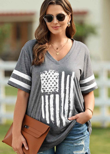 Plus Size US Flag Graphic V - Neck Tee - Trendsi