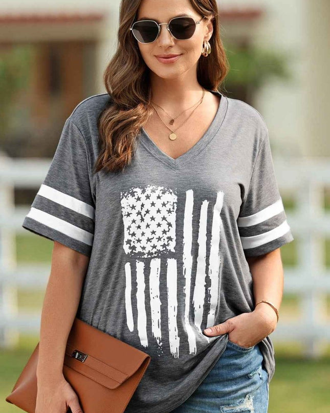 Plus Size US Flag Graphic V - Neck Tee - Trendsi