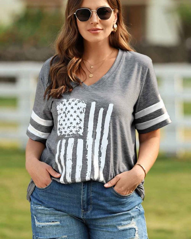 Plus Size US Flag Graphic V - Neck Tee - Trendsi