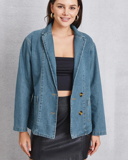 Pocketed Button Up Denim Jacket - Trendsi