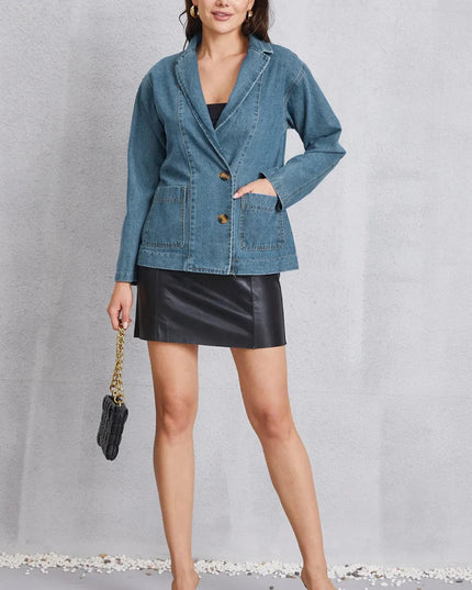 Pocketed Button Up Denim Jacket - Trendsi