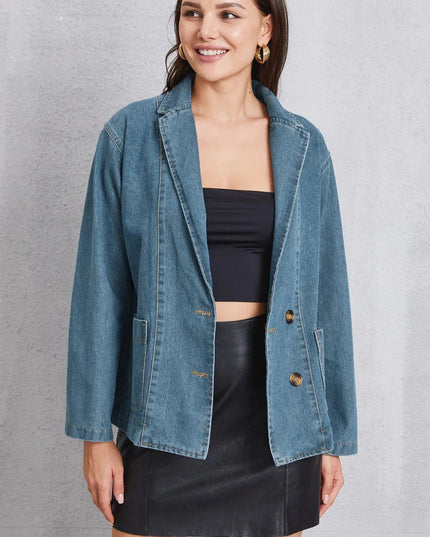 Pocketed Button Up Denim Jacket - Trendsi