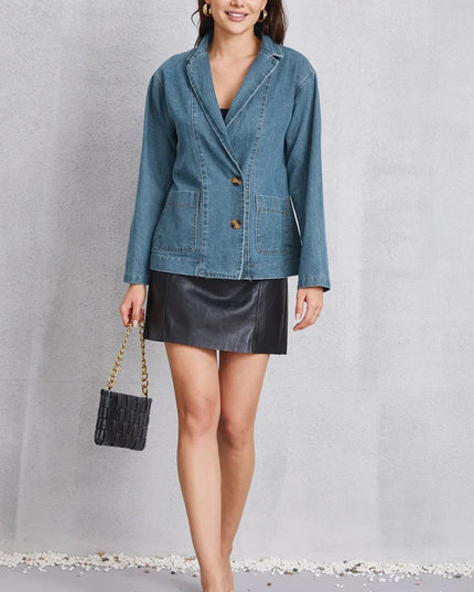 Pocketed Button Up Denim Jacket - Trendsi