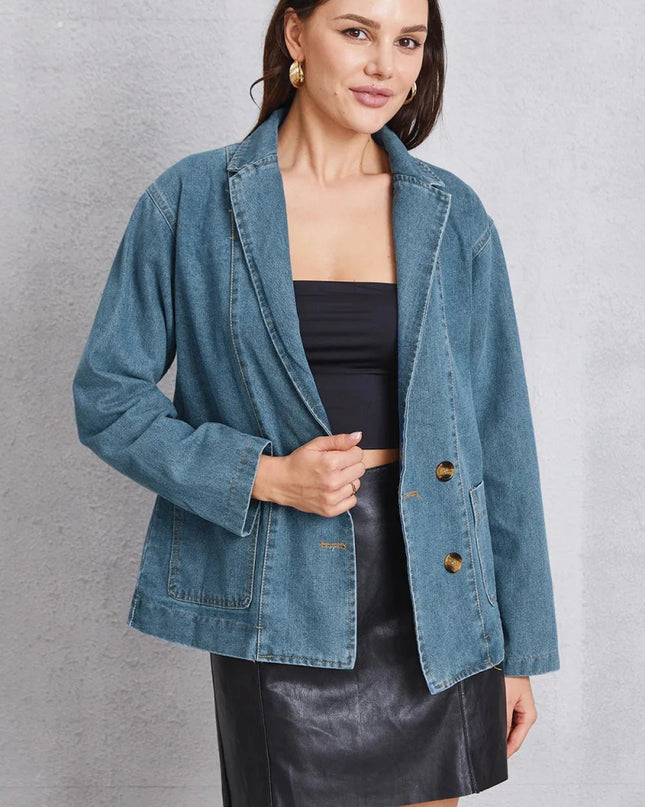 Pocketed Button Up Denim Jacket - Trendsi