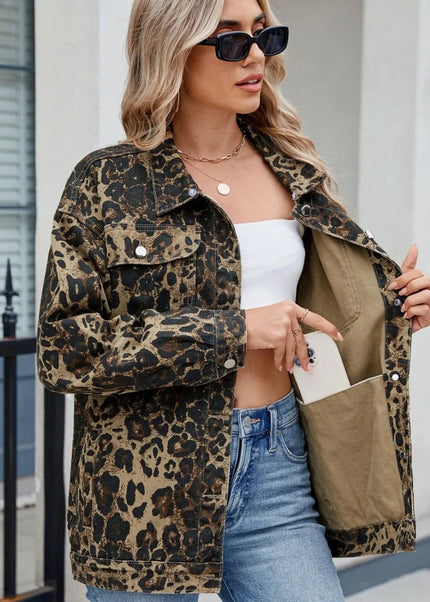 Pocketed Leopard Long Sleeve Denim Jacket - Trendsi