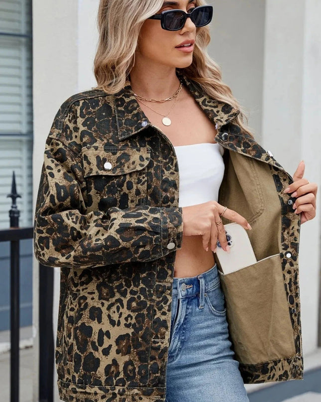 Pocketed Leopard Long Sleeve Denim Jacket - Trendsi
