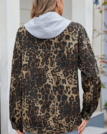 Pocketed Leopard Long Sleeve Denim Jacket - Trendsi