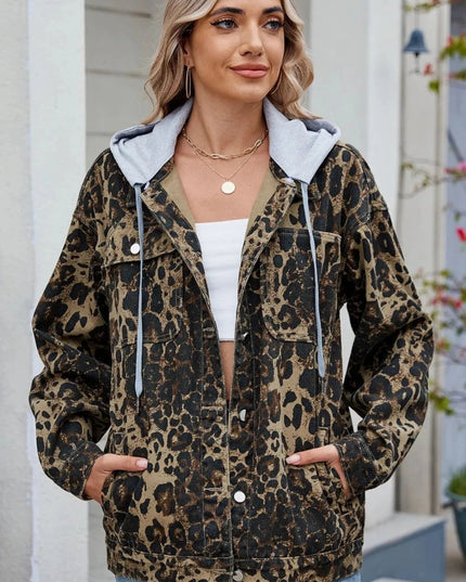 Pocketed Leopard Long Sleeve Denim Jacket - Trendsi