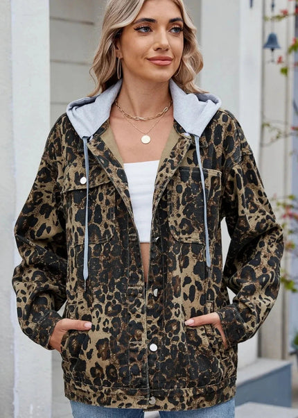 Pocketed Leopard Long Sleeve Denim Jacket - Trendsi