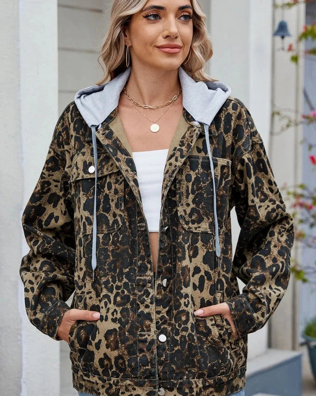 Pocketed Leopard Long Sleeve Denim Jacket - Trendsi
