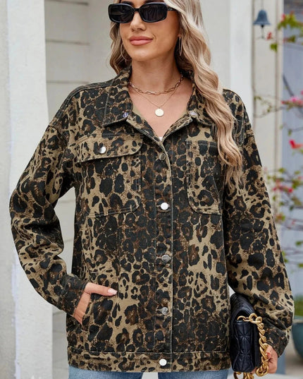 Pocketed Leopard Long Sleeve Denim Jacket - Trendsi