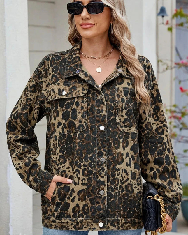 Pocketed Leopard Long Sleeve Denim Jacket - Trendsi