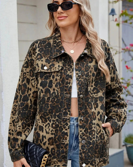 Pocketed Leopard Long Sleeve Denim Jacket - Trendsi