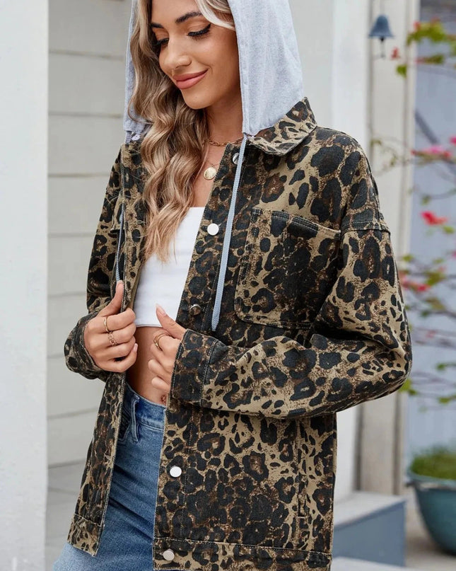 Pocketed Leopard Long Sleeve Denim Jacket - Trendsi