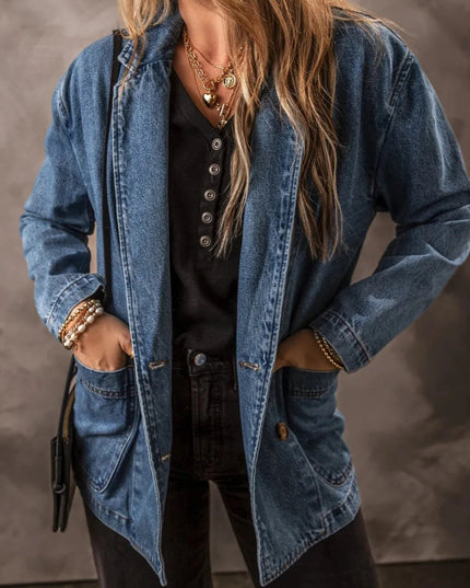 Pocketed Long Sleeve Denim Jacket - Trendsi