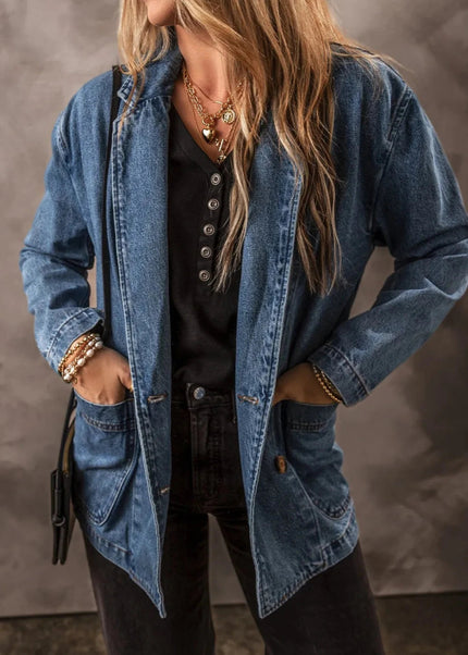 Pocketed Long Sleeve Denim Jacket - Trendsi
