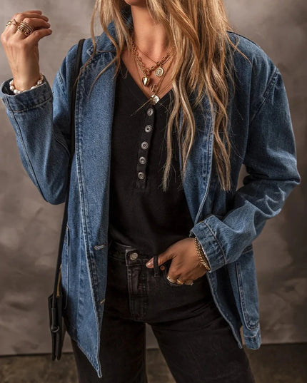 Pocketed Long Sleeve Denim Jacket - Trendsi