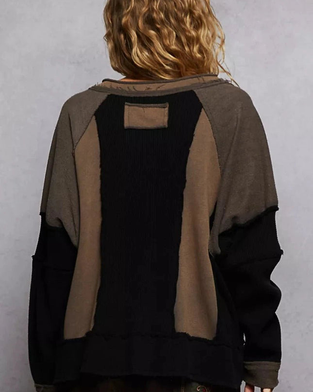 POL Color Block Waffle Knit Raw Hem Sweatshirt - Trendsi