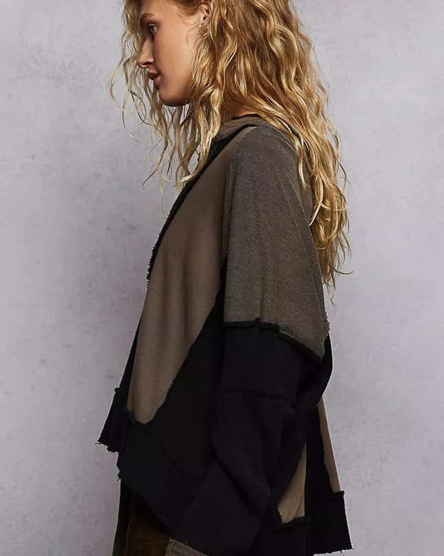 POL Color Block Waffle Knit Raw Hem Sweatshirt - Trendsi