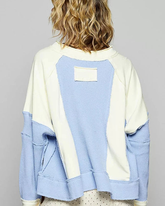 POL Color Block Waffle Knit Raw Hem Sweatshirt - Trendsi